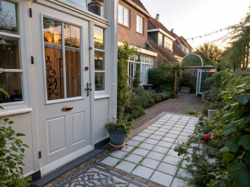 Sfeerbeeld (AI): achterdeur met glas en deurkruk, gezien vanuit een kleine tuin