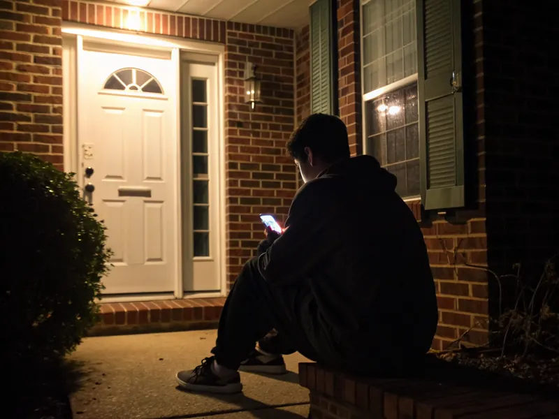 Sfeerbeeld (AI): iemand zit 's avonds met telefoon op de stoep voor een dichte voordeur