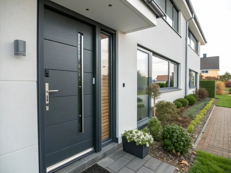 Sfeerbeeld (AI): antracietgrijze voordeur van een nieuwbouwwoning