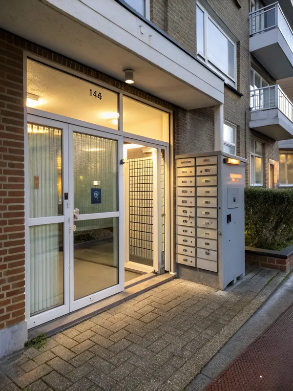 Sfeerbeeld (AI): glazen entreedeur van een flat met een rij brievenbussen