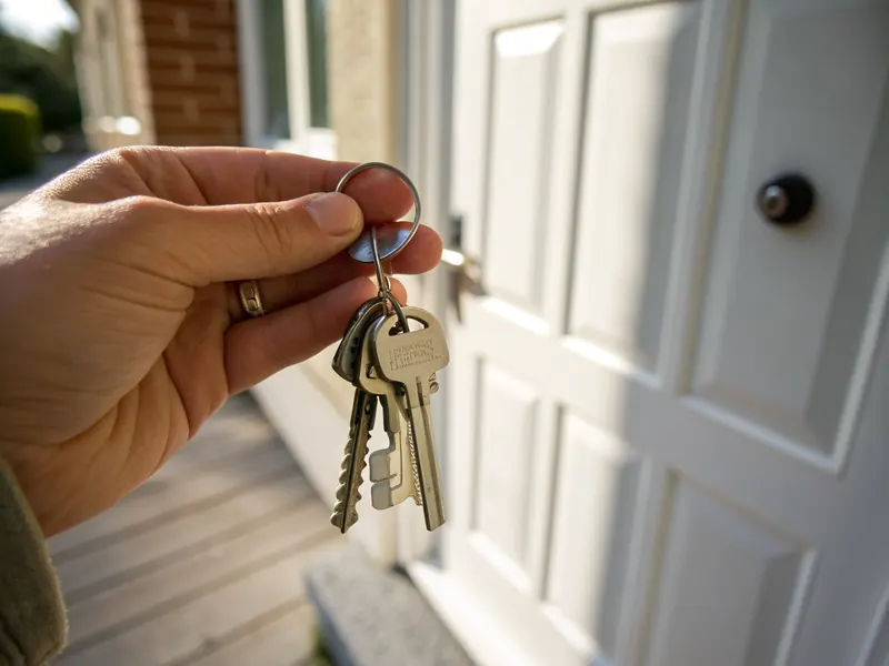 Sfeerbeeld (AI): hand met een bos huissleutels voor een witte voordeur